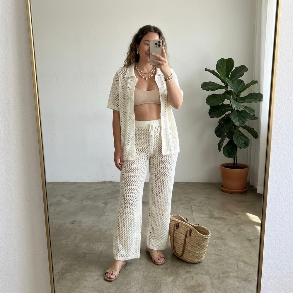 Famulily Womens Cream Crochet Knit 2 Piece Set Button Shirt Wide Leg Pants M